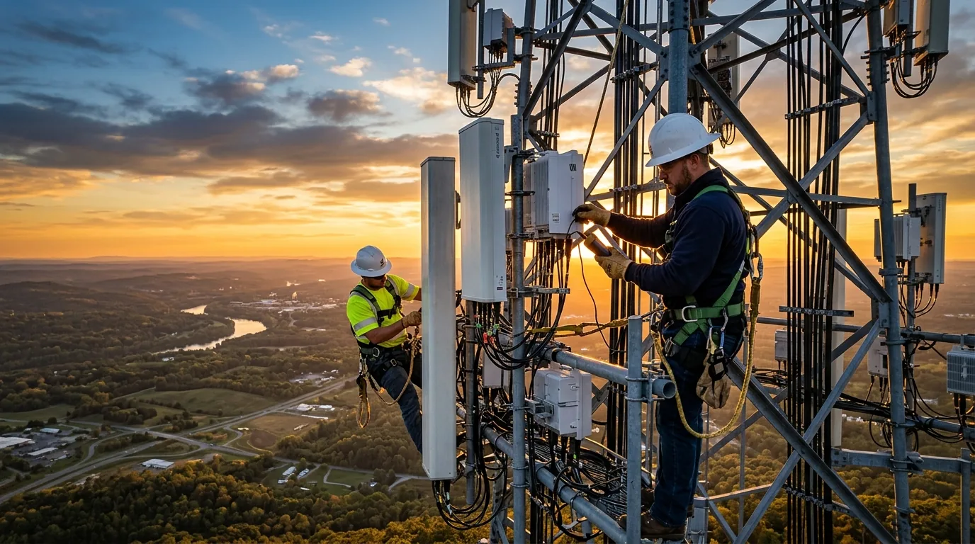 Telecommunications tower technicians in safety harnesses installing fifth-generation cellular transceivers on a transmission mast at golden hour
