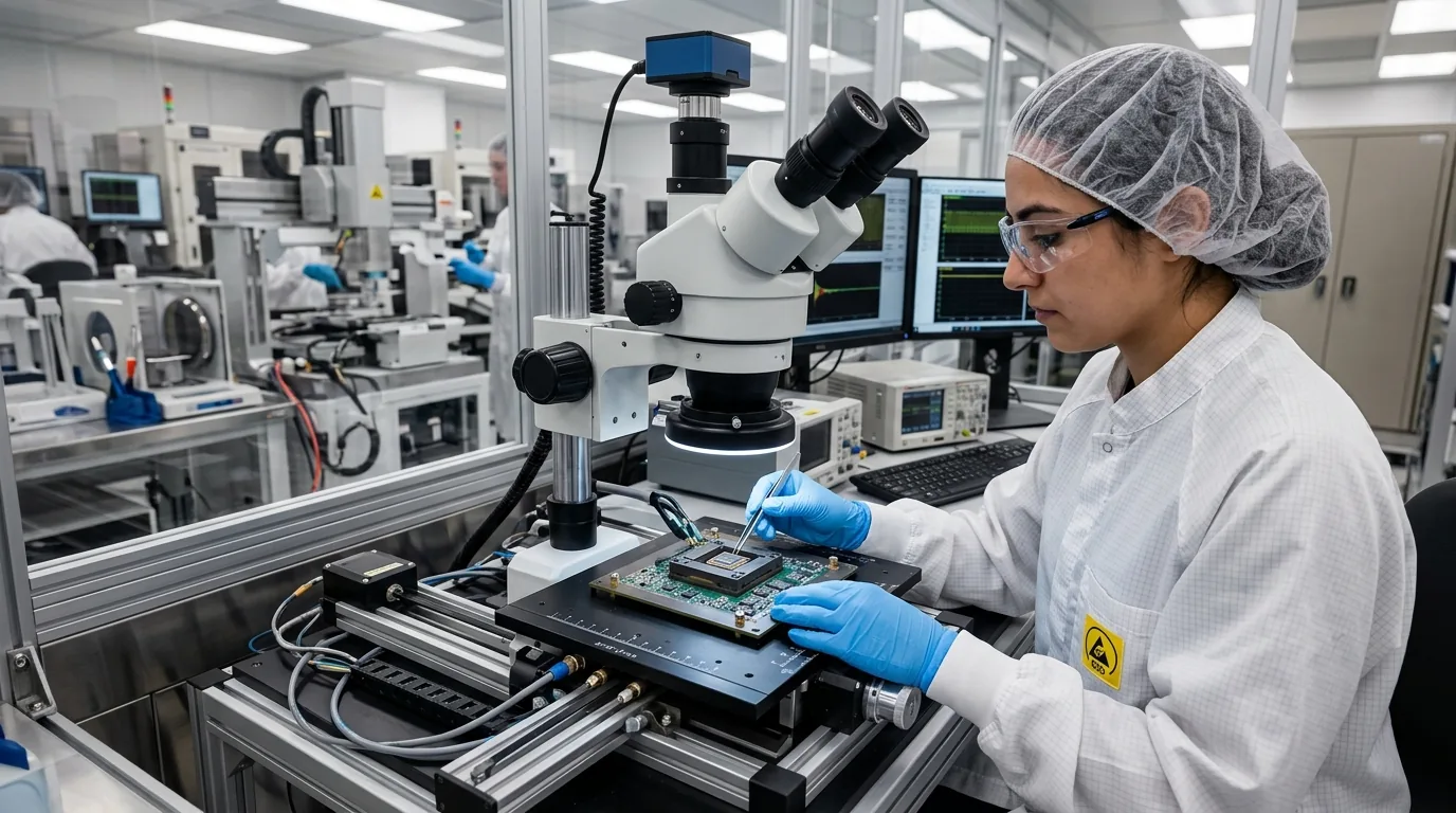 Microelectronics quality engineer placing a wireless communication silicon processor into a precision microscopic test fixture