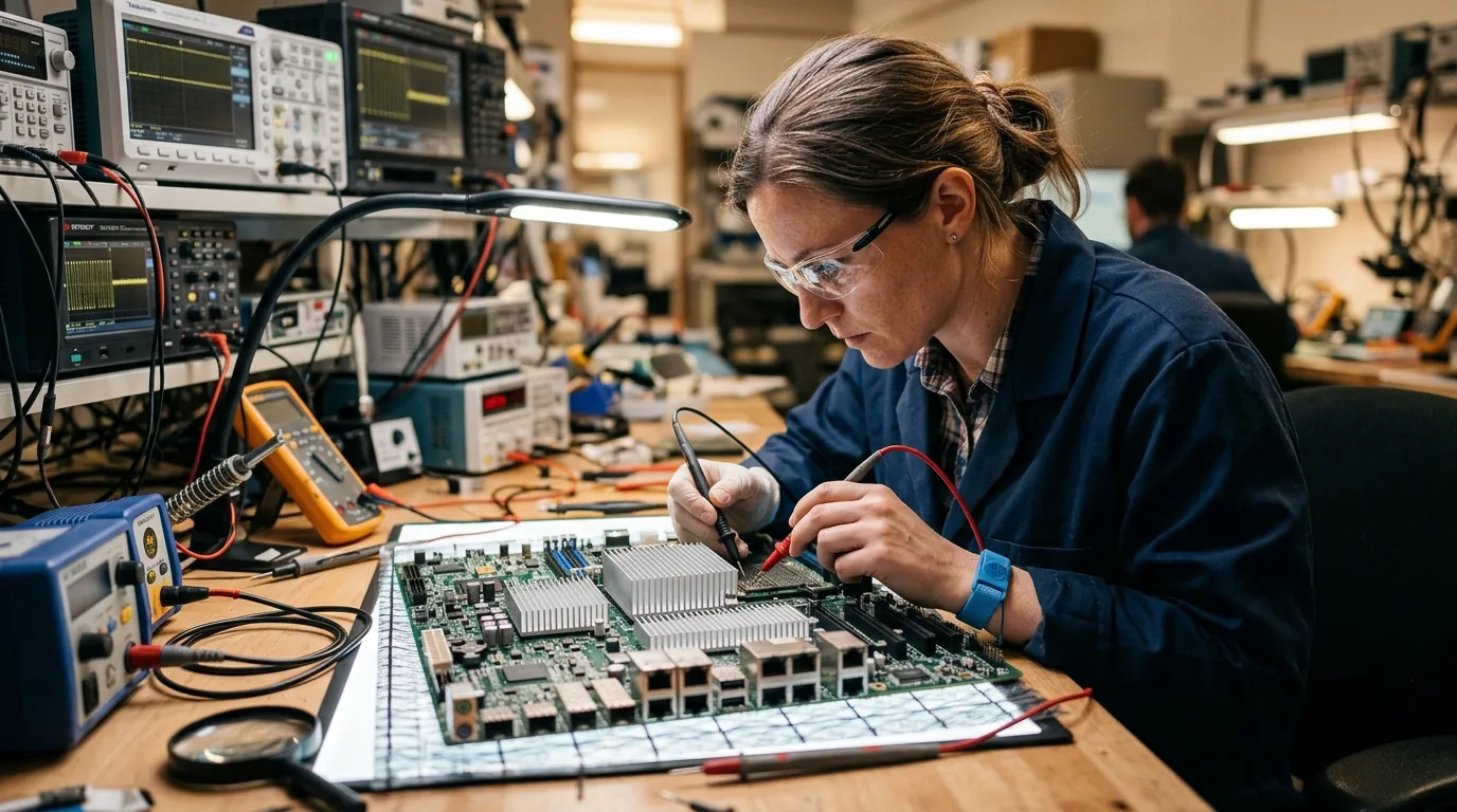 Hardware engineer inspecting the internal RF frontend and thermal heatsink architecture of the Wi-Fi 8 router PCB