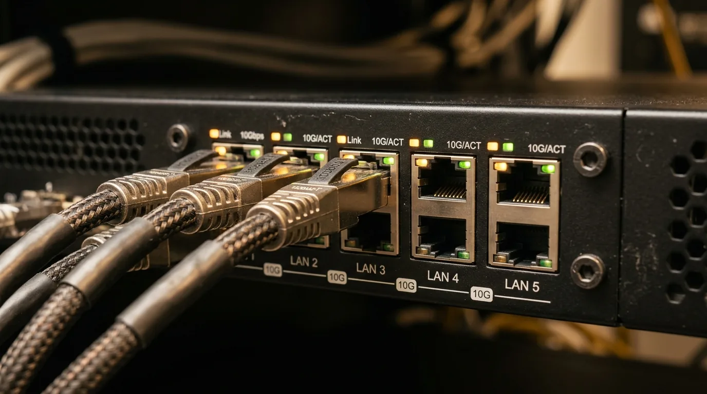 Close-up photograph of the rear multi-gigabit wired ports including dual 10G RJ45 interfaces on the router backplate