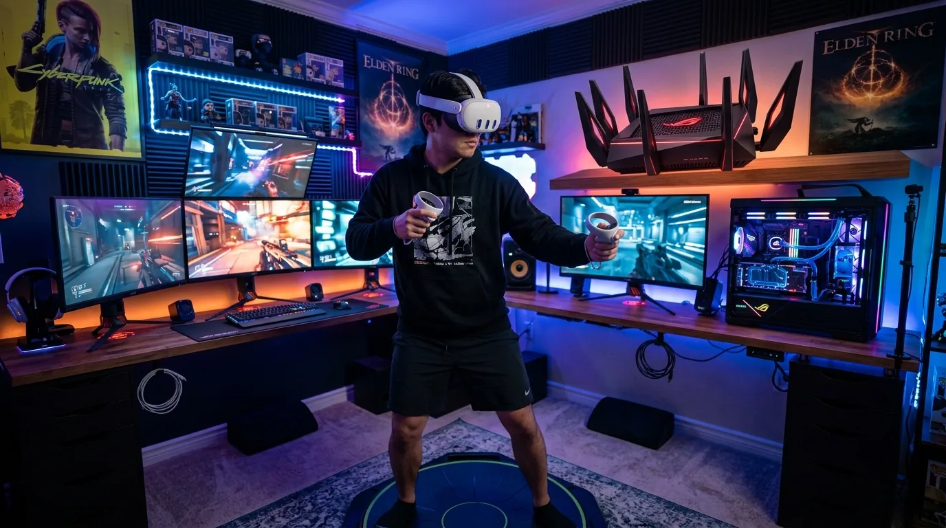 Enthusiast gamer testing wireless virtual reality headset with low latency connection from the ROG router