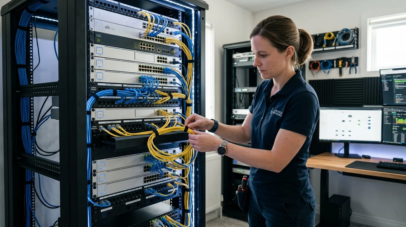 Network administrator configuring patch cables and high speed switches in a home lab server rack environment