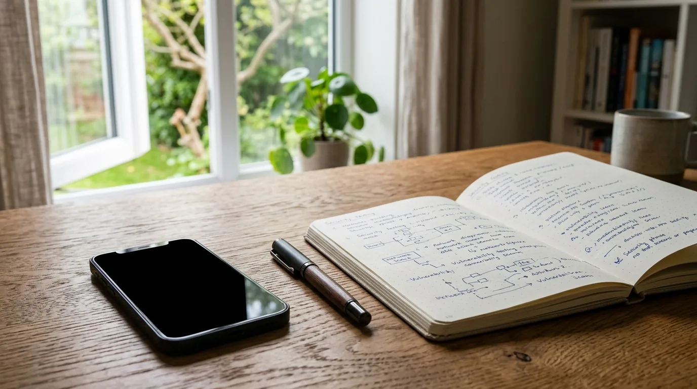 Smartphone resting on a wooden desk next to a notebook with privacy testing notes in a bright office