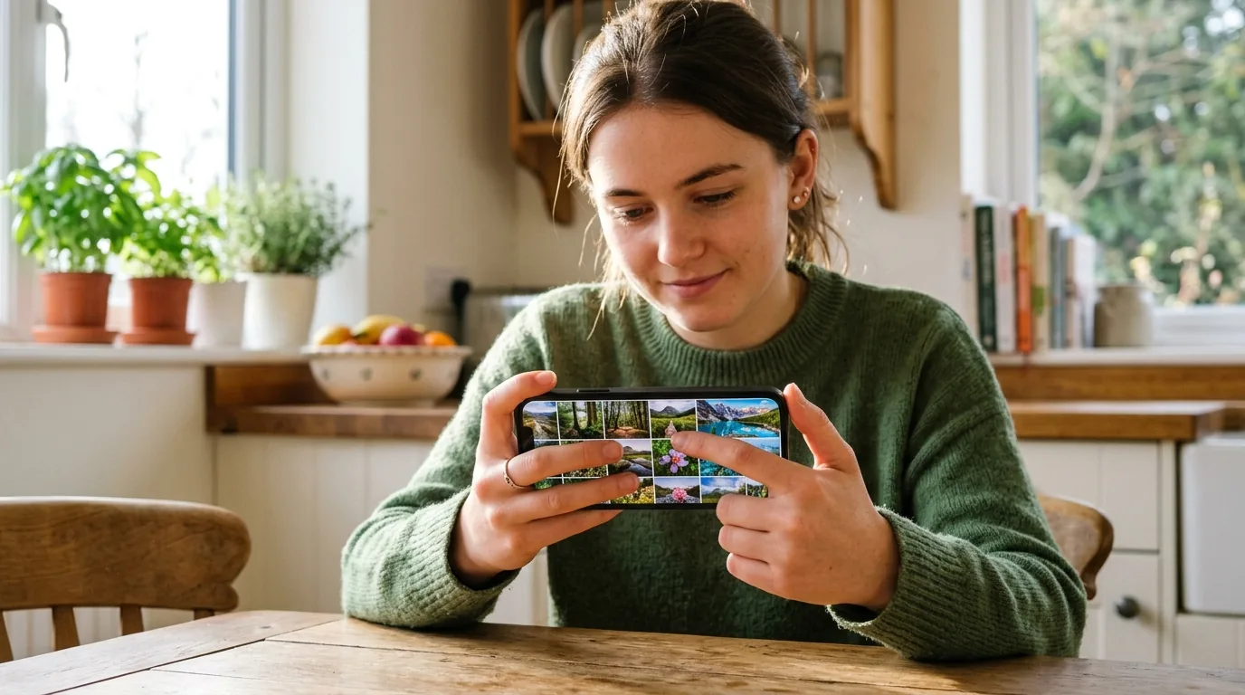 Person holding a smartphone selecting a photo from a photo grid in a warm kitchen