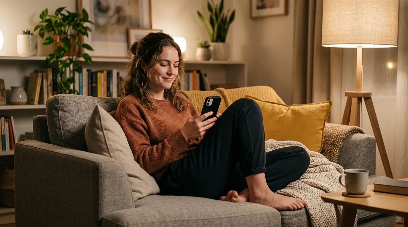 Person resting on a living room sofa looking at quiet phone alerts with a calm smile