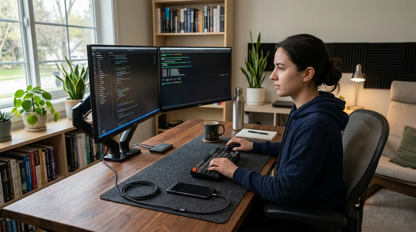 Software engineer sitting at a desk with two computer screens and a test phone connected by USB cable