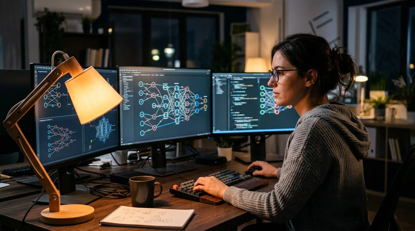 Developer examining neural network architecture and reasoning models on multiple monitors