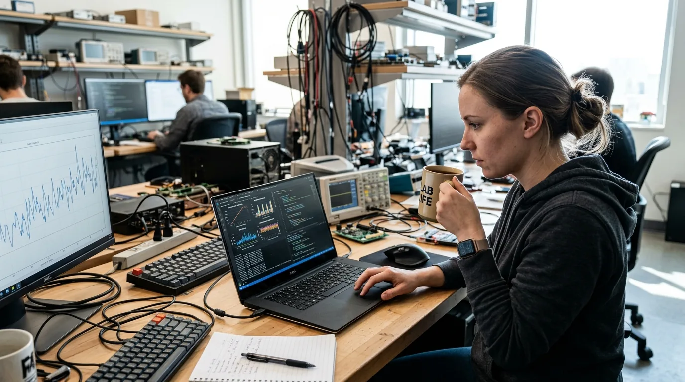 Engineer reviewing benchmark charts and coding evaluation scores in a hardware lab