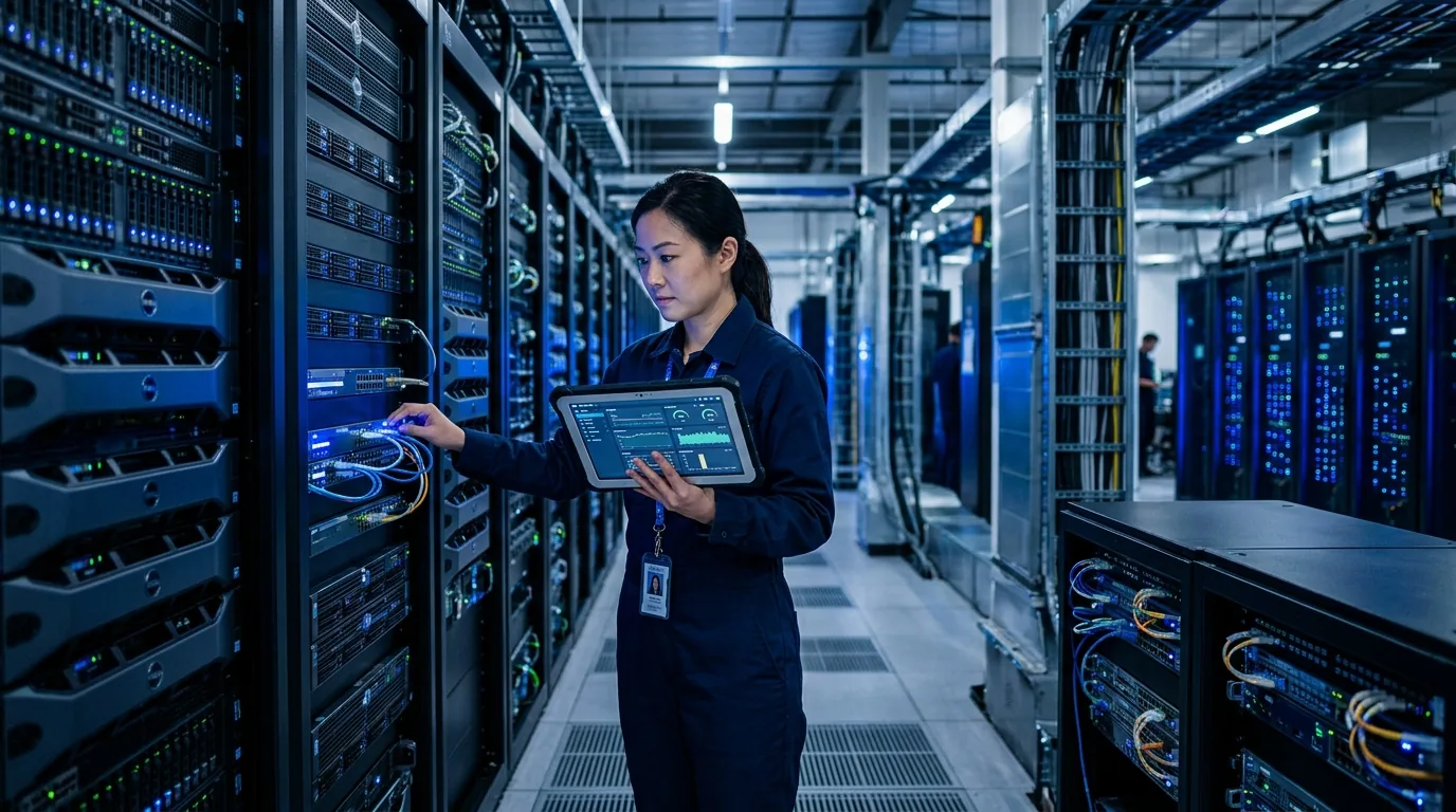 Data center technician monitoring cloud servers and network infrastructure with a tablet