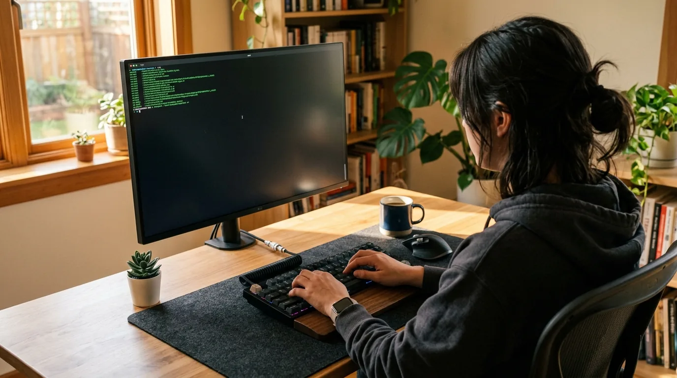 Programmer typing commands inside a terminal window to run coding tasks