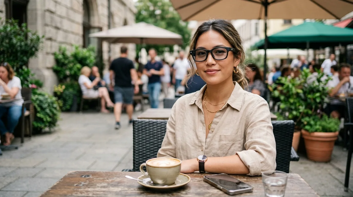 Person wearing smart glasses enjoying coffee outdoors at a sidewalk cafe