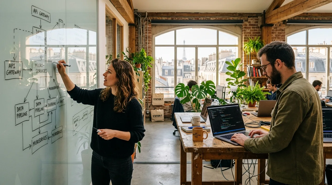 Tech founders in a Paris loft office discussing artificial intelligence architecture on a whiteboard