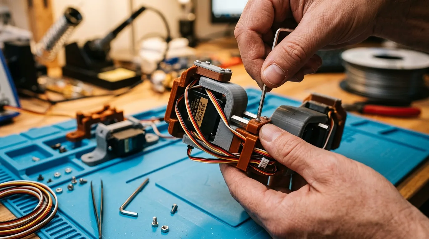 Hands assembling 3D printed robot arm joints and smart bus servo motors on a blue electronics mat
