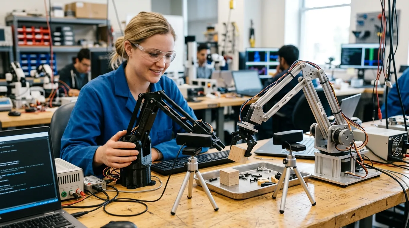 Engineer demonstrating bilateral teleoperation with leader and follower robot arms on a lab desk
