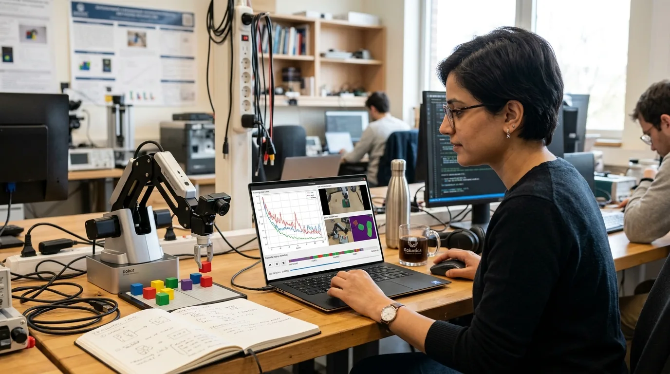 Researcher monitoring robotic policy training loss curves and episode timelines on a laptop