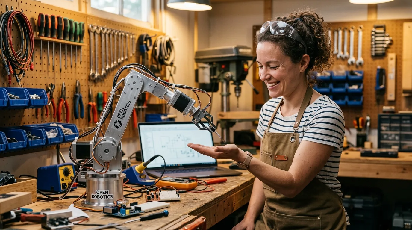 Desktop open hardware robotic arm handing a tool to a smiling technician in a workshop