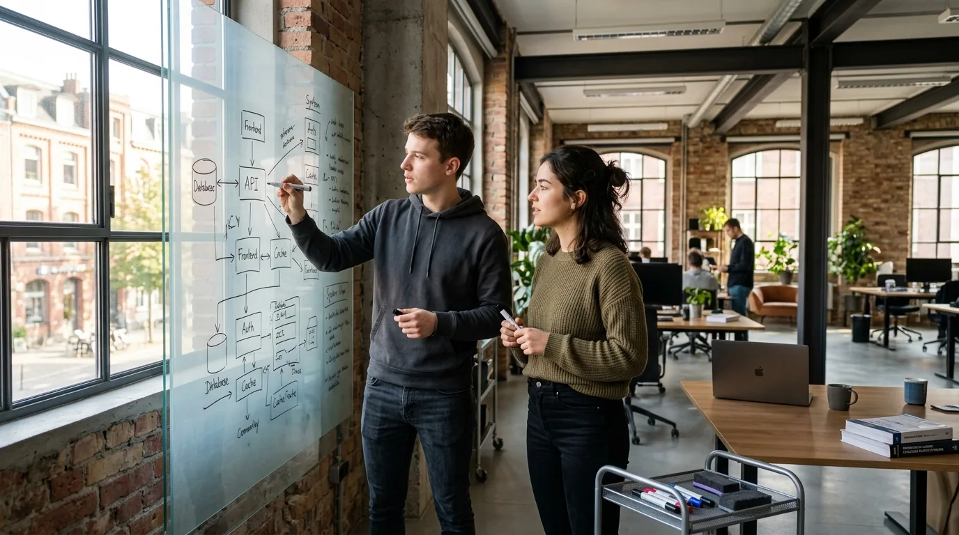 Startup founders sketching payment infrastructure block diagrams on a clear glass whiteboard in an open loft office