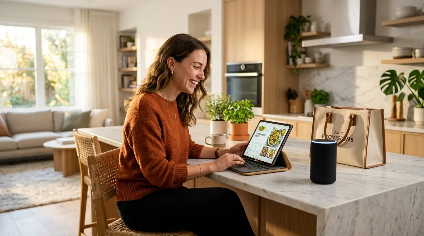 Person in a sunlit kitchen using a tablet computer and smart speaker for conversational agentic shopping checkout