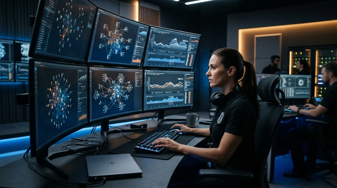 Cybersecurity engineer monitoring real time transaction security and autonomous agent spend caps on curved displays