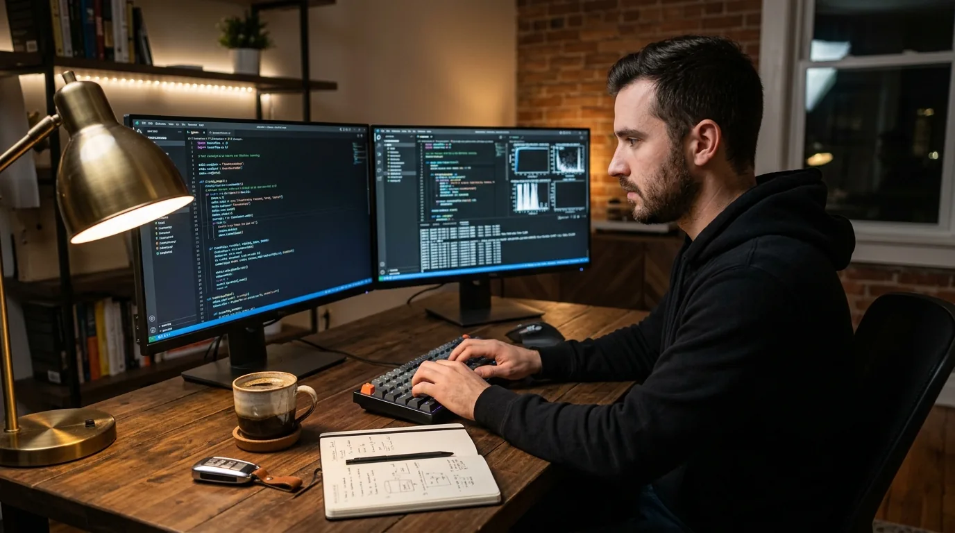 Developer workstation with dual monitors running Model Context Protocol server tools for Stripe financial integrations