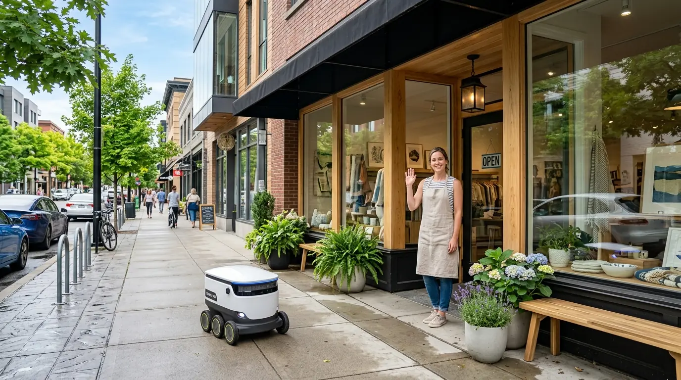Boutique storefront owner greeting an autonomous delivery rover outside a contemporary urban retail shop