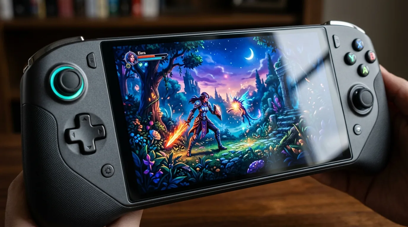 Close up macro view of high contrast gaming handheld OLED screen displaying colorful fantasy game graphics
