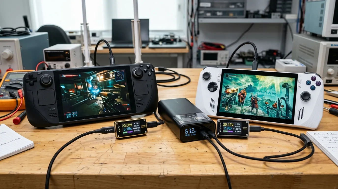 Hardware testing workbench with handheld gaming consoles connected to digital power delivery meters and high capacity power bank