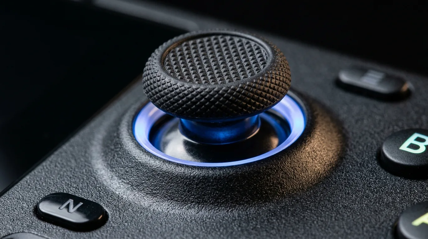 Extreme close up of magnetic Hall Effect analog thumbstick on modern gaming handheld chassis