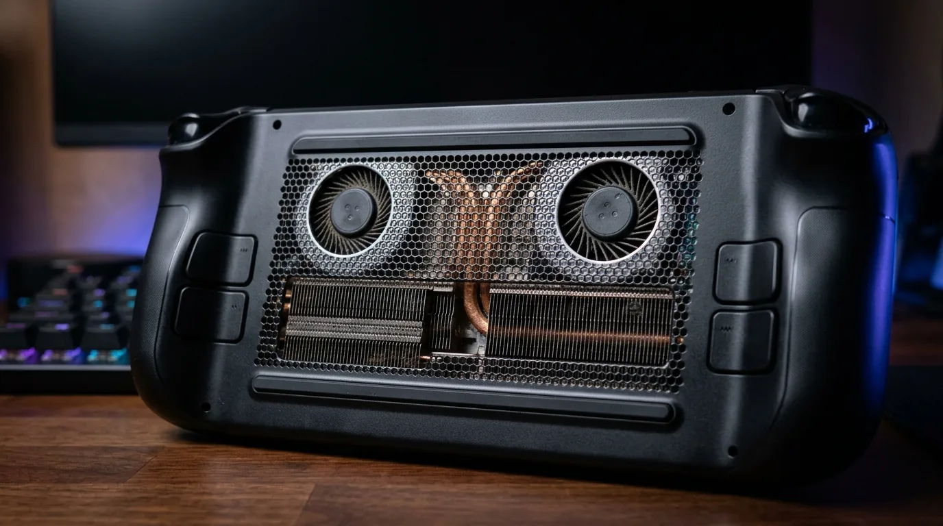 Rear view of dual fan intake vents and copper heatsink fins on high power gaming handheld console