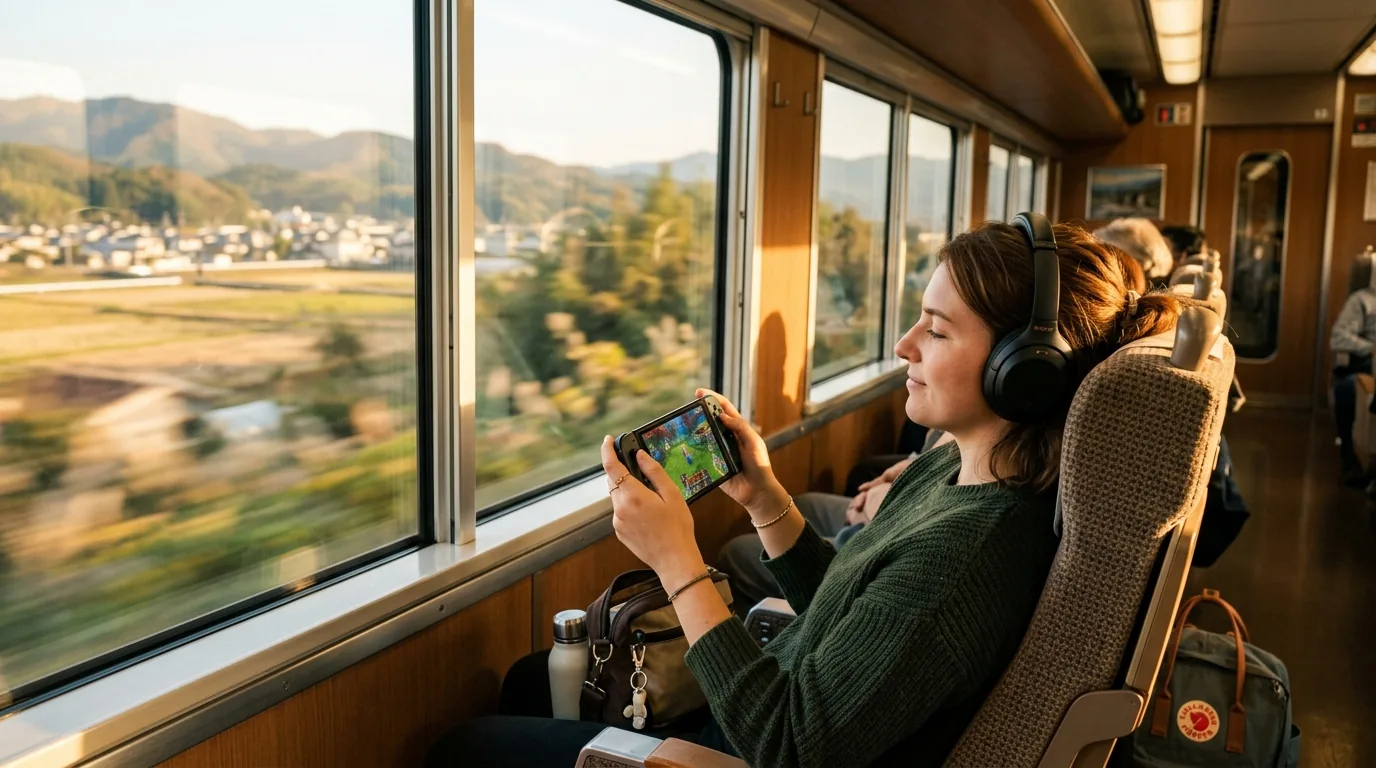 Passenger playing handheld gaming device beside window on scenic high speed train during morning commute