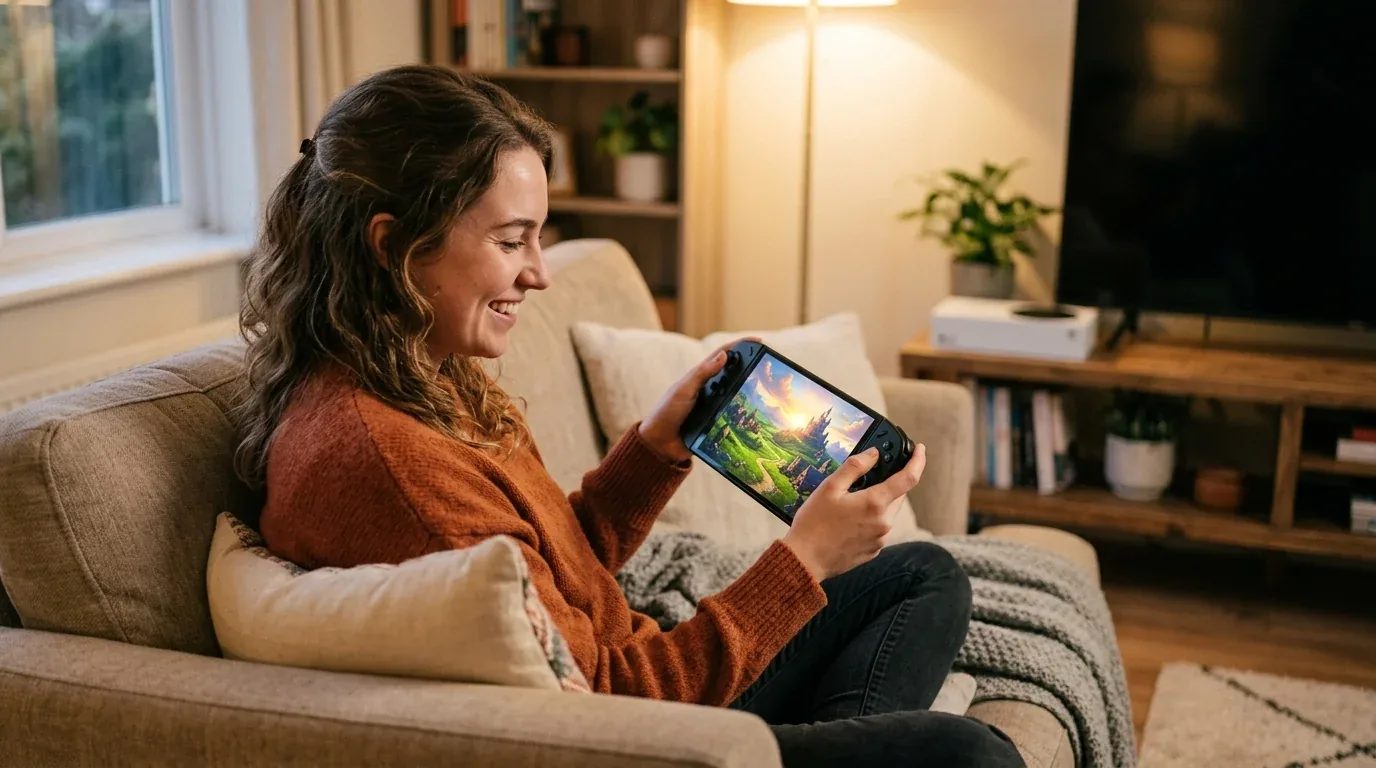 Gamer playing an immersive adventure game on a handheld gaming screen in a cozy living room