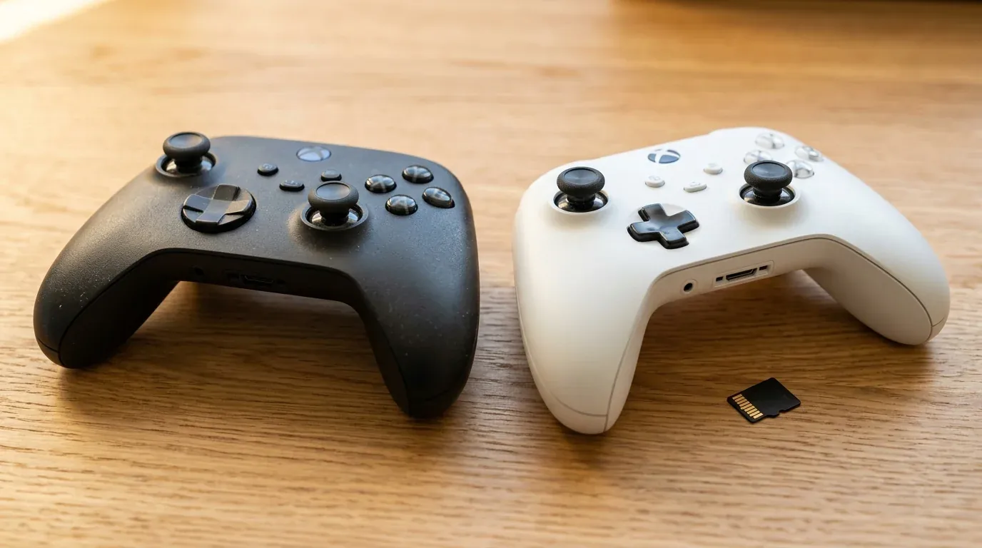 Close-up comparison of modern console gamepads and an open flash memory storage card on a desk