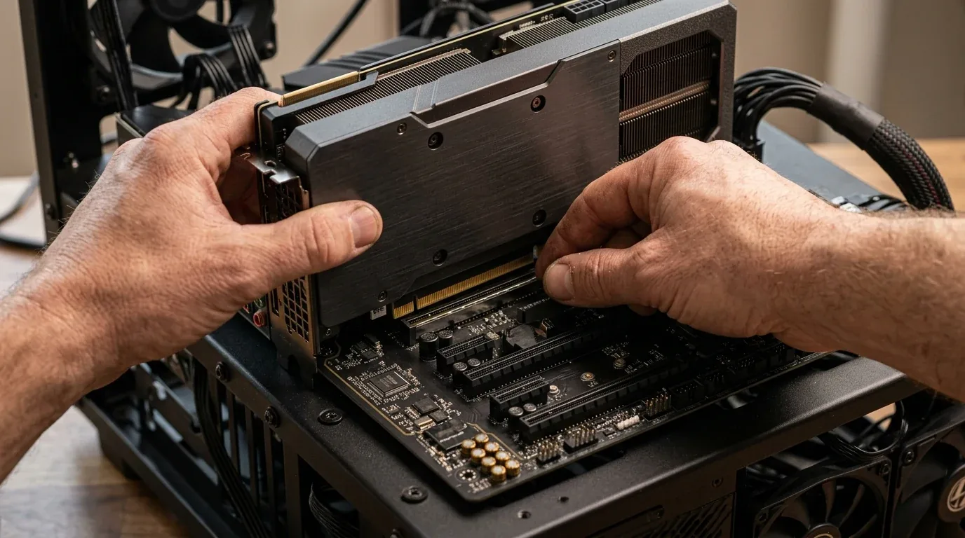 Hands seating a massive modern graphics card into a reinforced motherboard PCIe slot