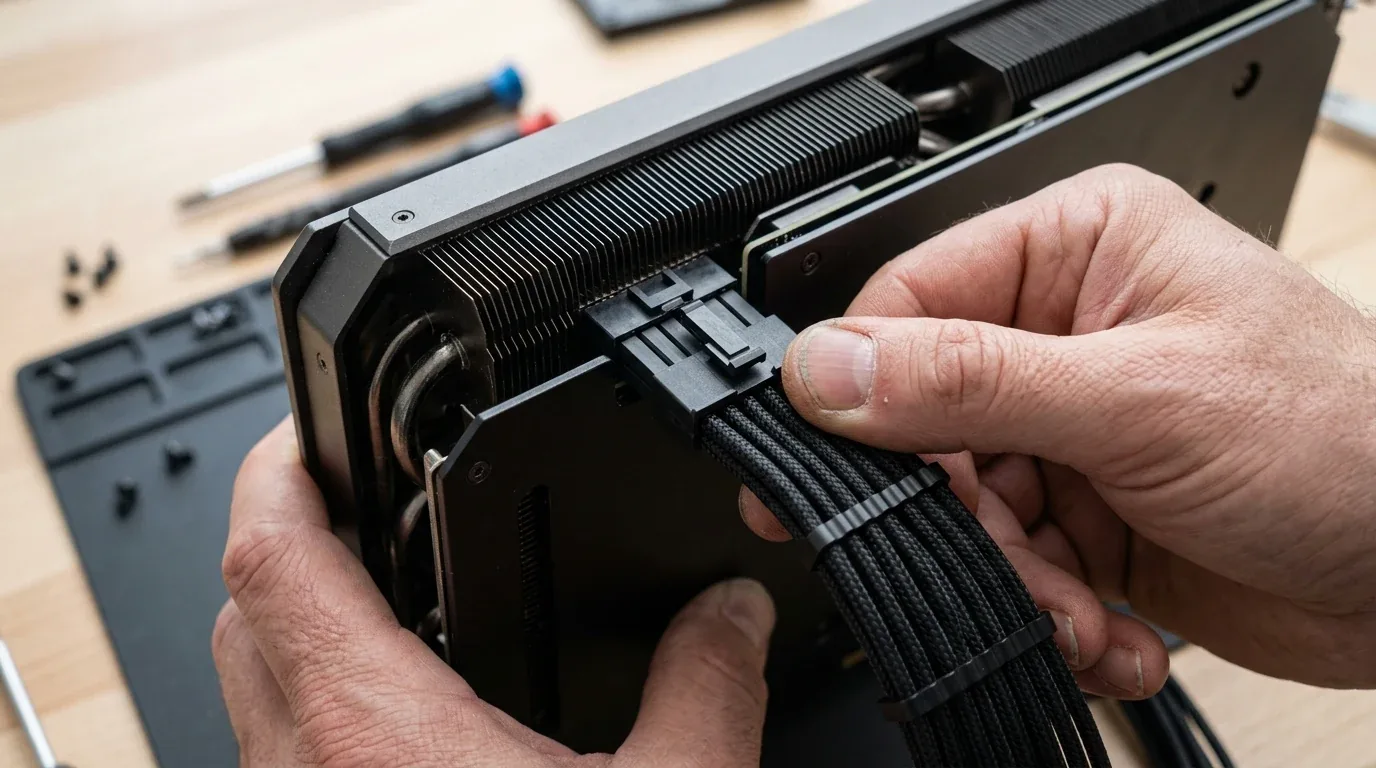 Close-up of technician plugging safe 12V-2x6 power cable into graphics card connector