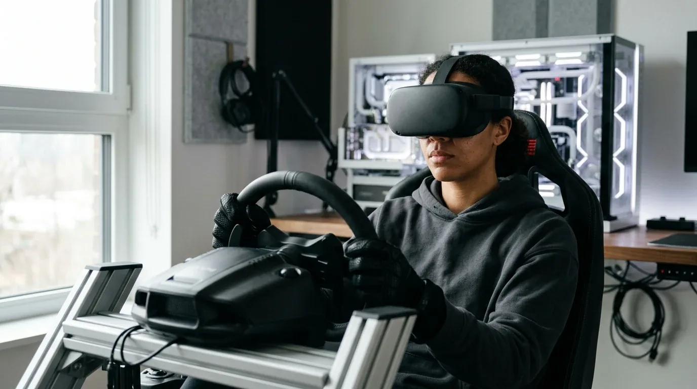 Sim racer in cockpit wearing modern VR headset during high-end graphics card testing