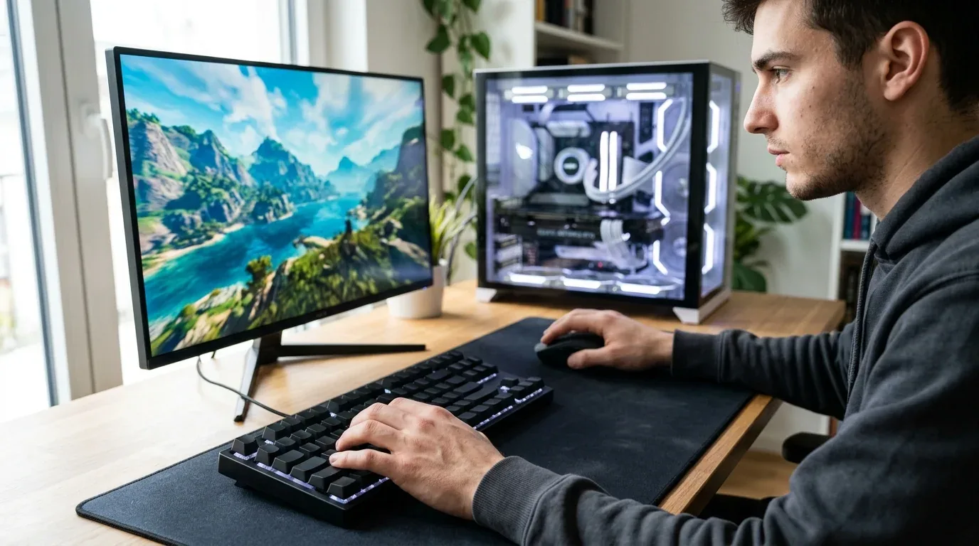Focused gamer testing high refresh rate monitor and input latency at competitive desk setup