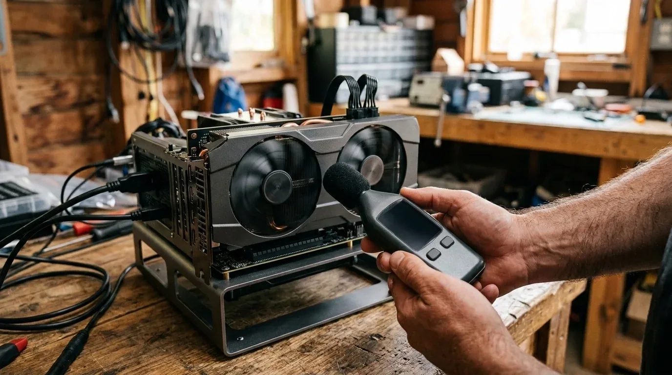 Reviewer holding digital sound level decibel meter near graphics card cooling fans on open workbench