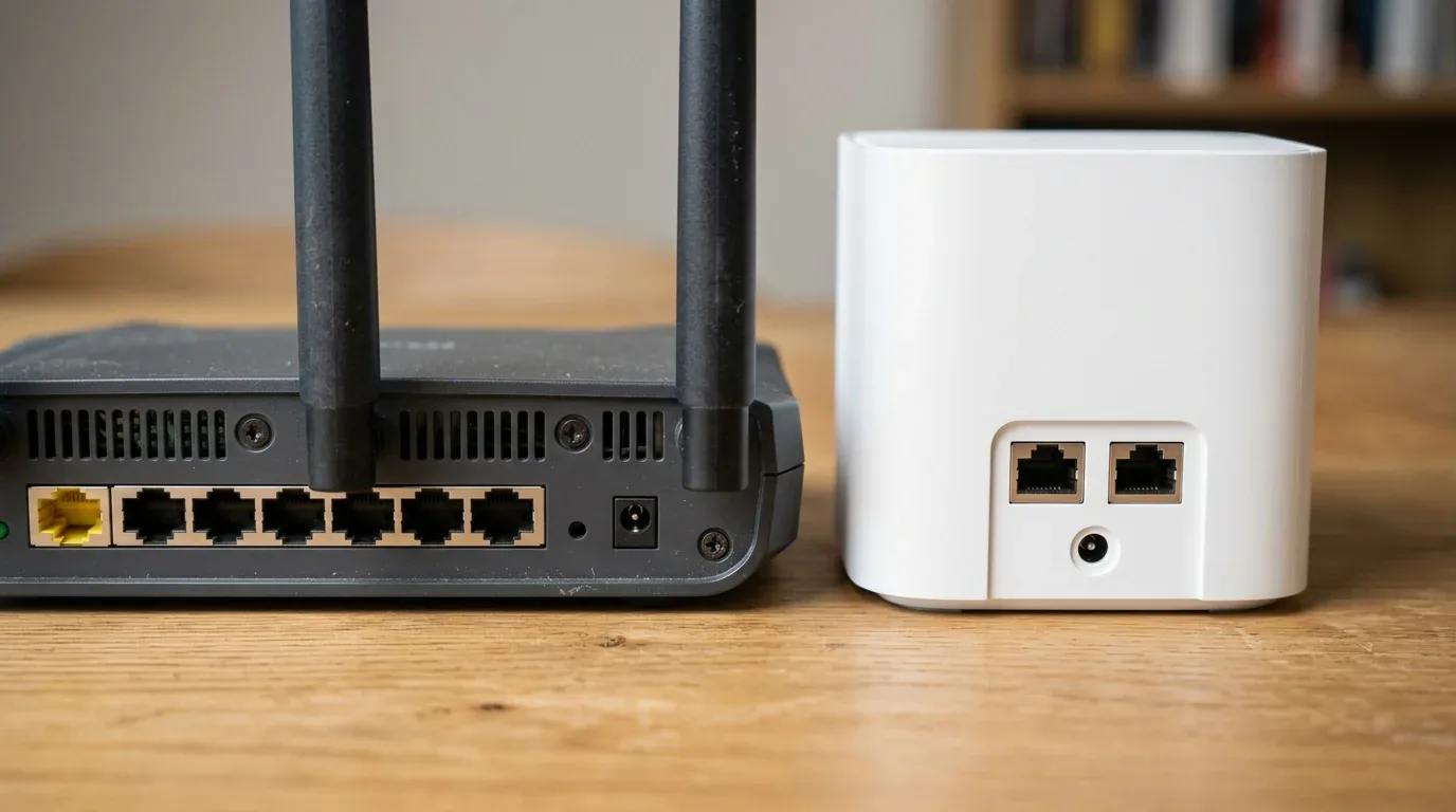 Rear view of modern router showing high-speed multi-gigabit Ethernet ports