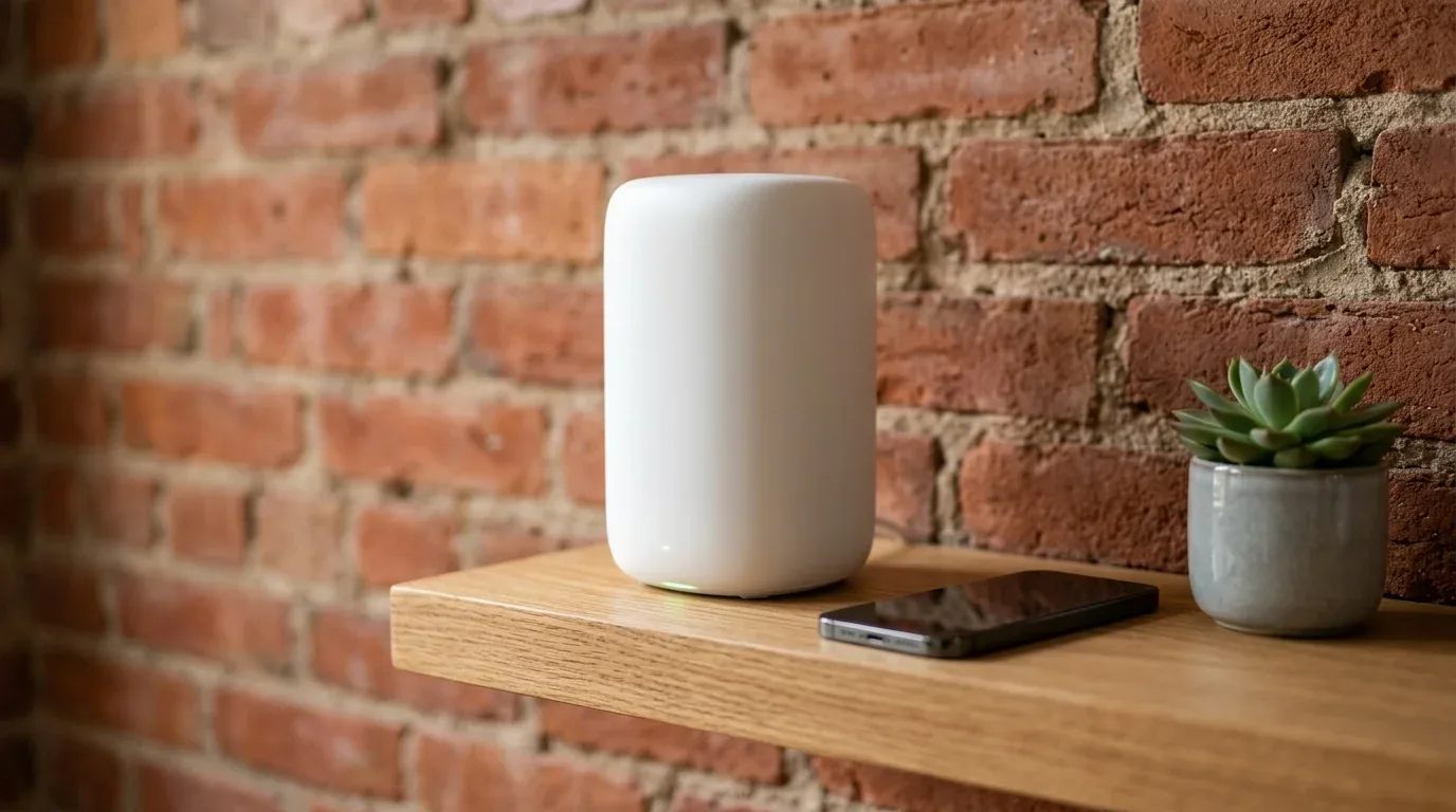Modern router standing on an open hallway shelf near a brick wall