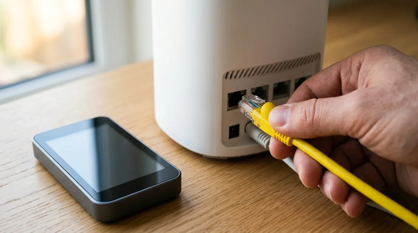 Hand connecting a high-grade Ethernet cable into the rear of a router on a wooden workbench