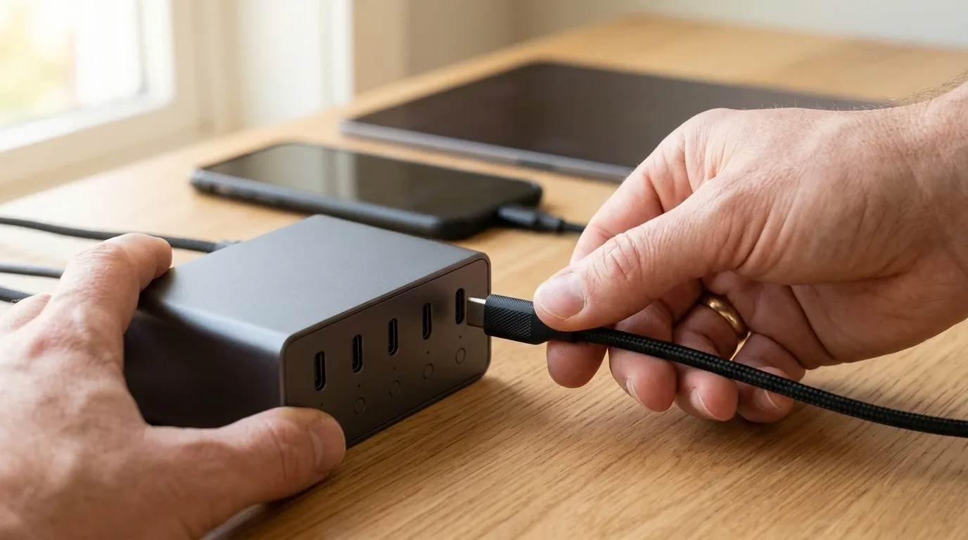 Hands connecting a high power braided USB C cable into a multi port desktop charging station with digital power meter testing