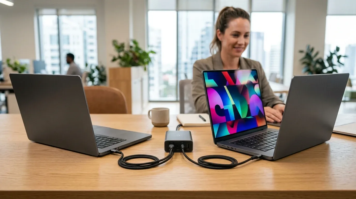 Two modern high performance laptops charging side by side from a single desktop USB C power station on an executive desk